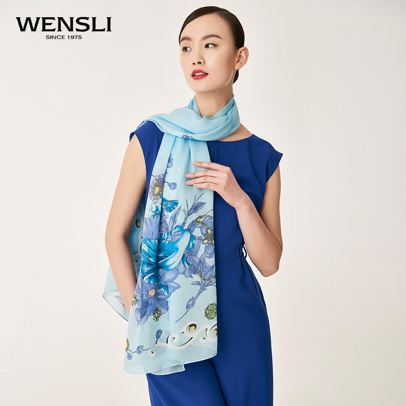 万事利(WENSLI)春夏新款沙滩巾披肩真丝丝巾女围巾印花长巾 珠连鱼悦