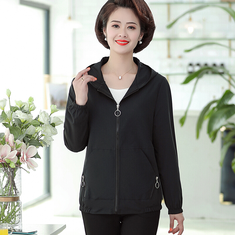 迪鲁奥(DILUAO)中年女新款春秋装休闲外套大码短款妈妈百搭连帽夹克女士上衣