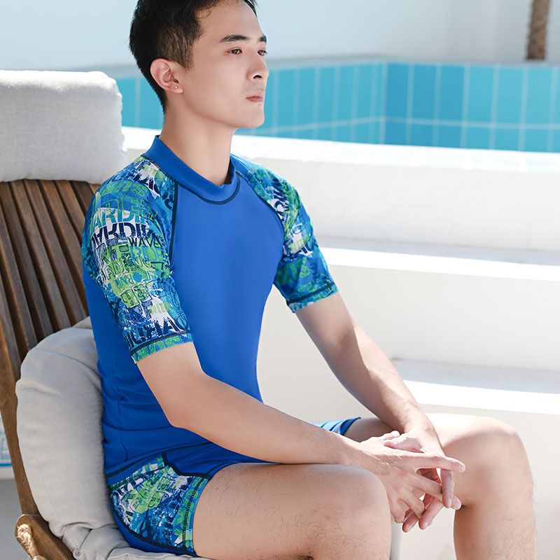 男士泳衣冲浪服全身防晒泳衣上衣套装男士短袖分体游泳衣平角泳裤黑色