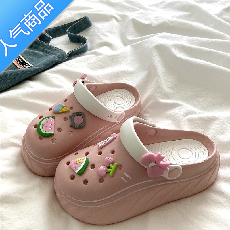 SUNTEK原创少女心~ins两穿洞洞鞋女厚底百搭学生包头拖鞋防滑夏季凉鞋潮高清大图