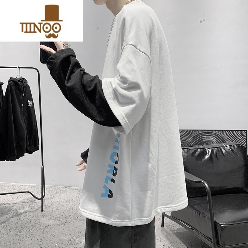 YANXU男装潮流假长袖T恤男韩版潮牌字母撞色宽松休闲N恤T宽高清大图