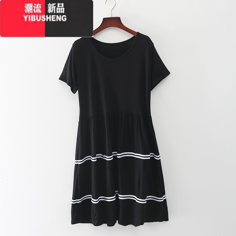 YIBUSHENG莫代尔短袖连衣裙女大码宽松薄款圆领睡裙外穿打底裙子显瘦大摆裙