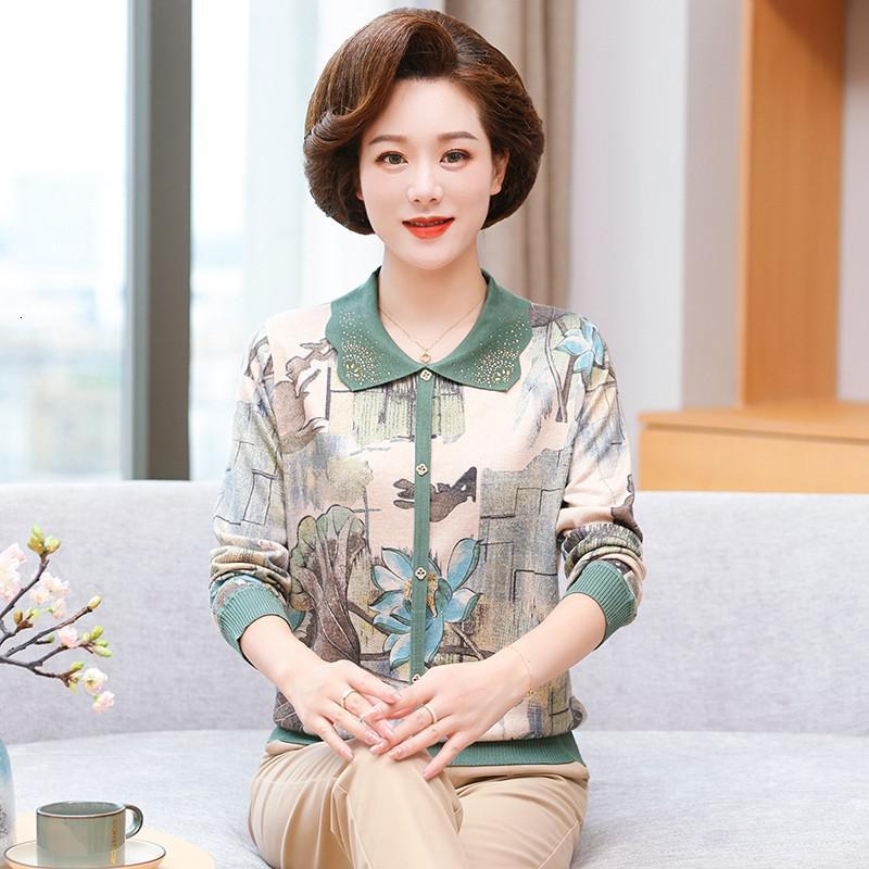 中年妈妈装秋装新款洋气长袖t恤上衣中老年女装薄毛衣翻领打底衫