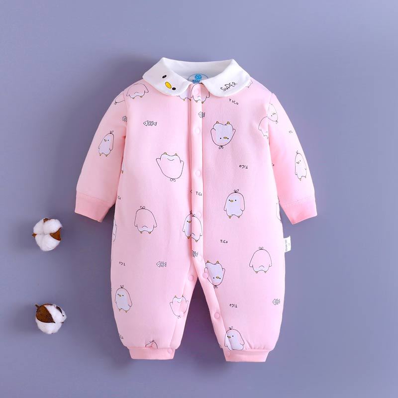 棉衣新生婴儿衣服纯棉男女宝宝中厚哈衣企鹅粉色59码建议02个月视频