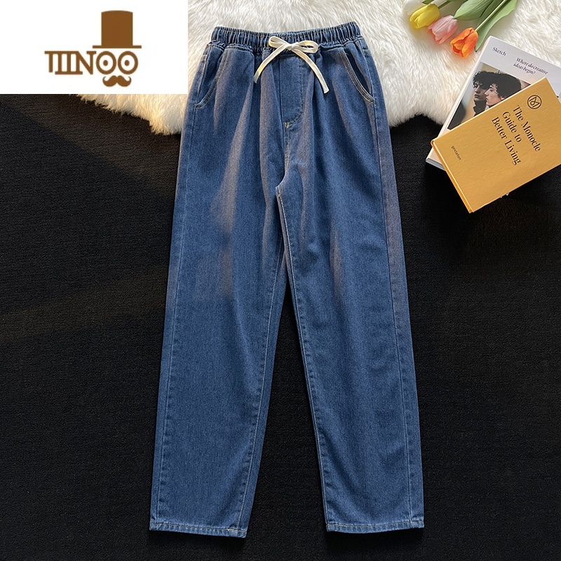 YANXU日系松紧腰牛仔裤男夏季薄款直筒宽松潮牌高街阔腿裤休闲长裤高清大图