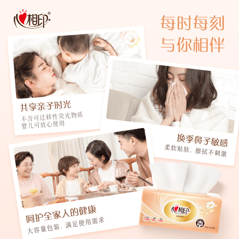 心相印 抽纸 经典系列 3层110抽*8包S码 100%原生木浆 软抽纸巾 (单位:提)高清大图
