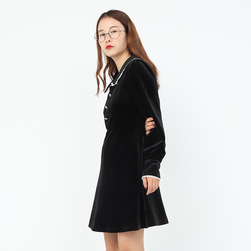 ENJOY’ME女装2019冬季新品甜美可爱耳仔边娃娃领收腰连衣裙小黑裙