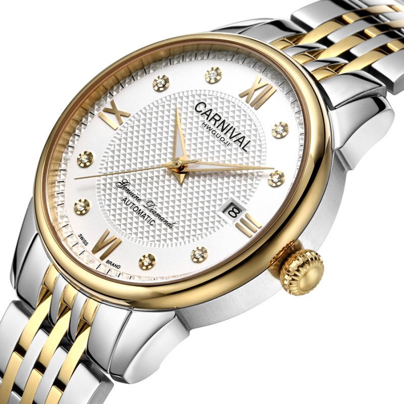瑞士嘉年华CARNIVAL男表 全自动机械表 男士背透夜光防水手表 商务时尚休闲镶水钻腕表 机械表精钢表带8605-KH 间金白面钢带