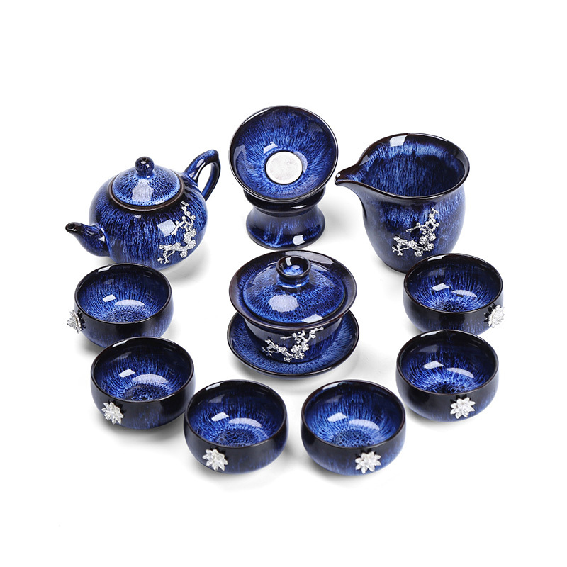 領藝 建盏镶鎏银茶具套装曜变天目釉功夫茶具整套礼品陶瓷茶壶茶杯 海之蓝(锡银)建盏10头礼盒装