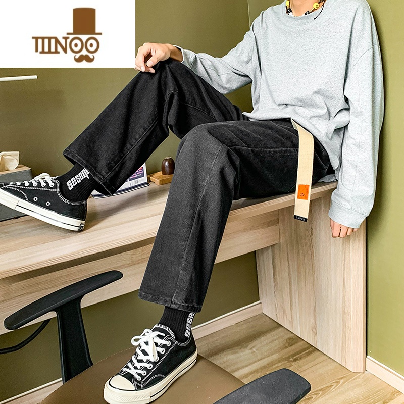 YANXU牛仔裤男潮流潮牌百搭直筒裤韩版时尚休闲宽松纯色阔韩流阔潮高清大图