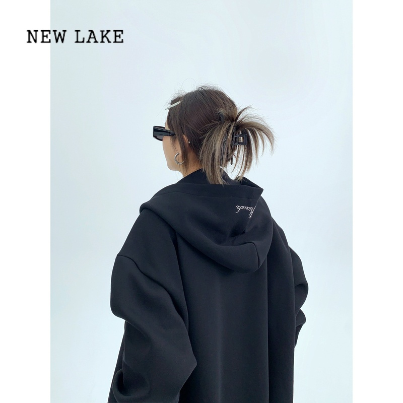NEW LAKE废柴春秋chic高级感情侣夹克宽松拉链设计刺绣连帽卫衣外套女