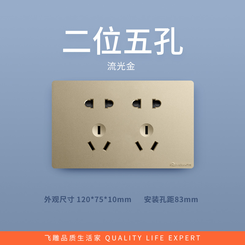 飞雕(FEIDIAO)118型开关插座面板 功能键模块件自由组合搭配 格调118流光金两位联体五孔插功能键