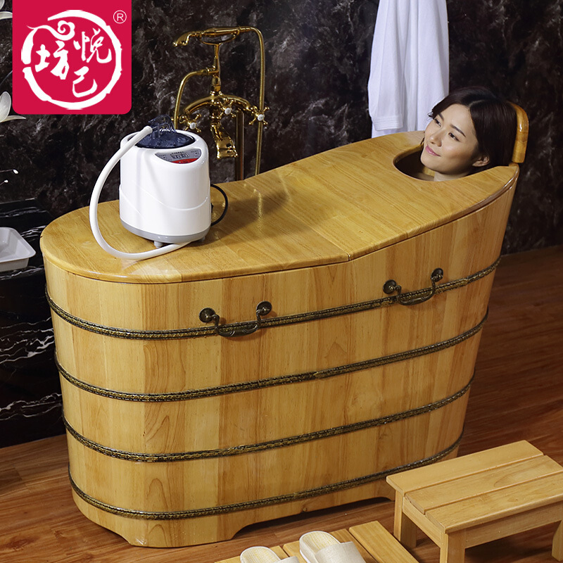 实木橡木沐浴桶桑拿洗澡桶带盖泡澡木桶带熏蒸机厂家现货批带盖泡澡送熏蒸机