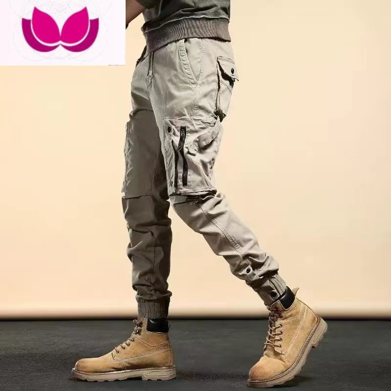 七斓美式复古卡其工装裤男潮牌修身小脚束脚裤战术裤九分休闲裤子