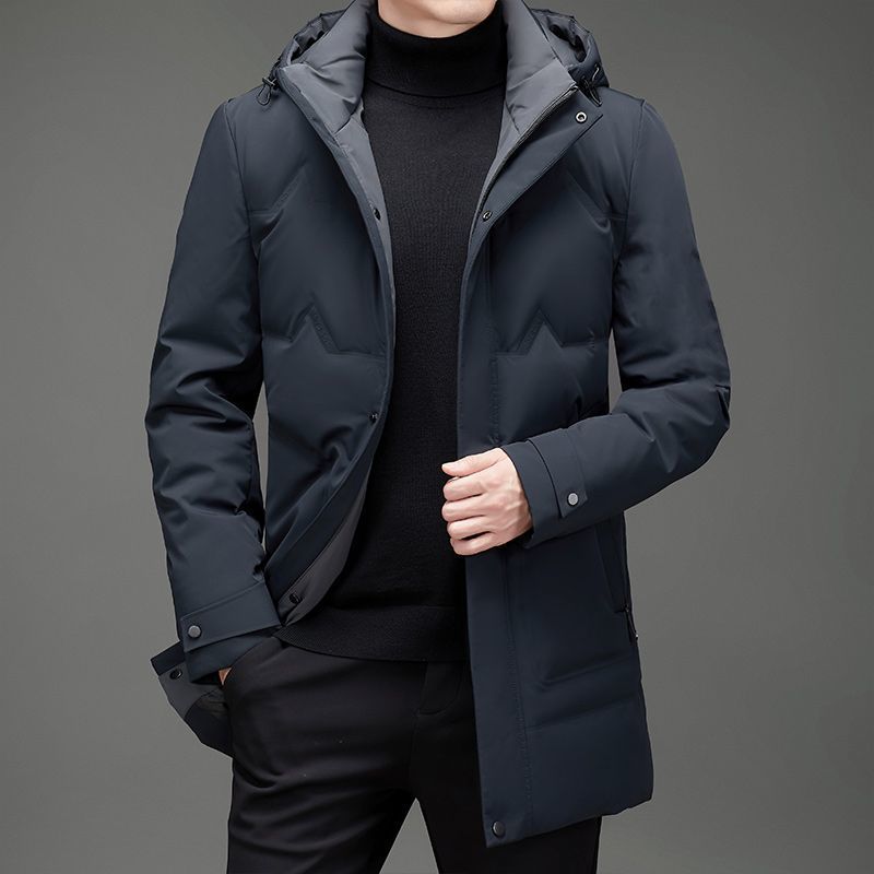 皮尔卡丹2022新款羽绒服男中青年连帽灰鸭绒外套中长款纯色秋冬高档上衣