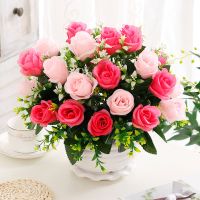 假花艺装饰绢花干花套装摆设摆设仿真花束假花套装 客厅饰品摆件|荷花盆幸运玫/粉色