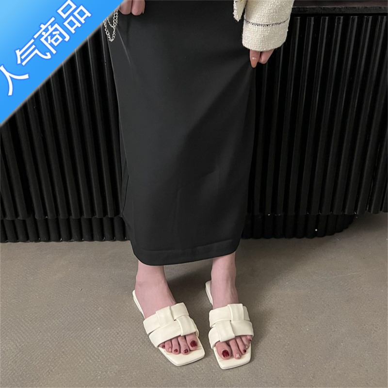 SUNTEK韩版小众设计编织方头平底一字拖凉鞋女2023年新款软皮仙女罗马鞋