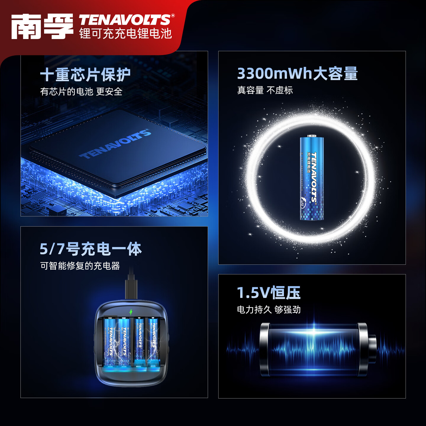 南孚5号充电锂电池4粒套装 1.5V恒压快充 适用游戏手柄/键鼠/话筒/吸奶器/血压计/VR设备等 AA五号高清大图