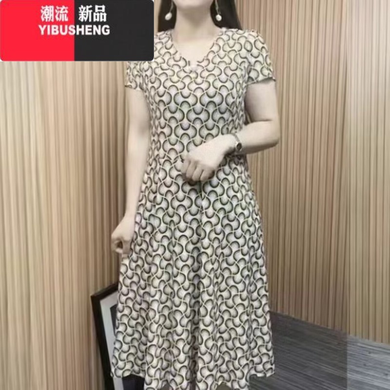 YIBUSHENG高贵妈妈装连衣裙女2024年中老年宽松大码短袖裙子洋气弹力长裙高清大图