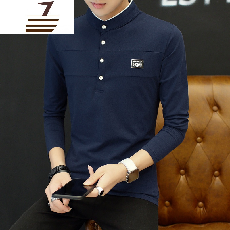 new lake小立领秋衫男士长袖t恤丅裇侐有带领子春秋衣帅气外穿上装土