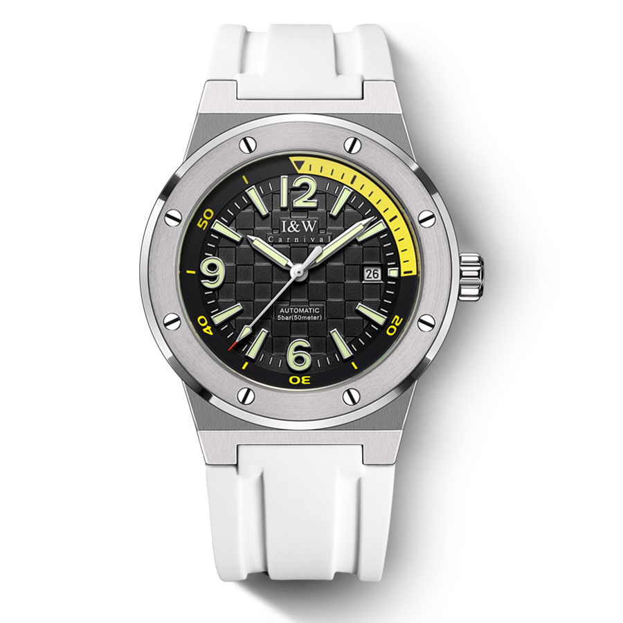 【大黄蜂】瑞士I&W CARNIVAL品牌手表全自动机械表男表新品防水橡胶带亮色时尚轻奢表小众设计个性腕表618G 黑面白带