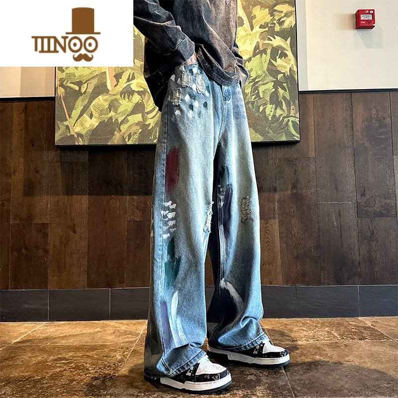 YANXU牛仔裤男秋季美式高街痞帅水洗做旧阔腿裤子潮牌宽松直筒休闲长高高清大图