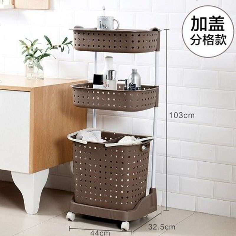 日式脏衣篮塑料洗衣篮手提篮大号装脏衣服收纳筐脏衣桶脏衣篓带轮 三层咖啡色升级款(盖子+隔)