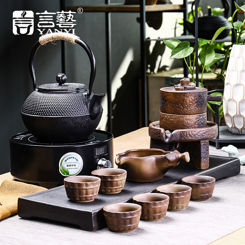 言艺(yanyi) 整套功夫茶具套装 生财有道自动茶具配洛梵干泡盘+黑金刚配雨霖玲铸铁壶