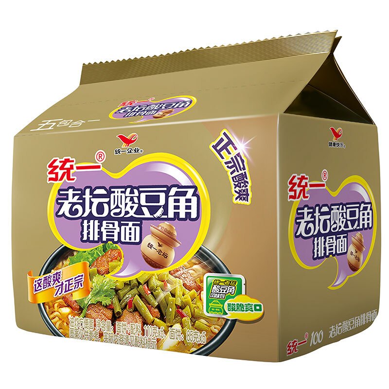 统一GS老坛酸豆角排骨面(酸菜味)方便面 汤面110g*5袋装