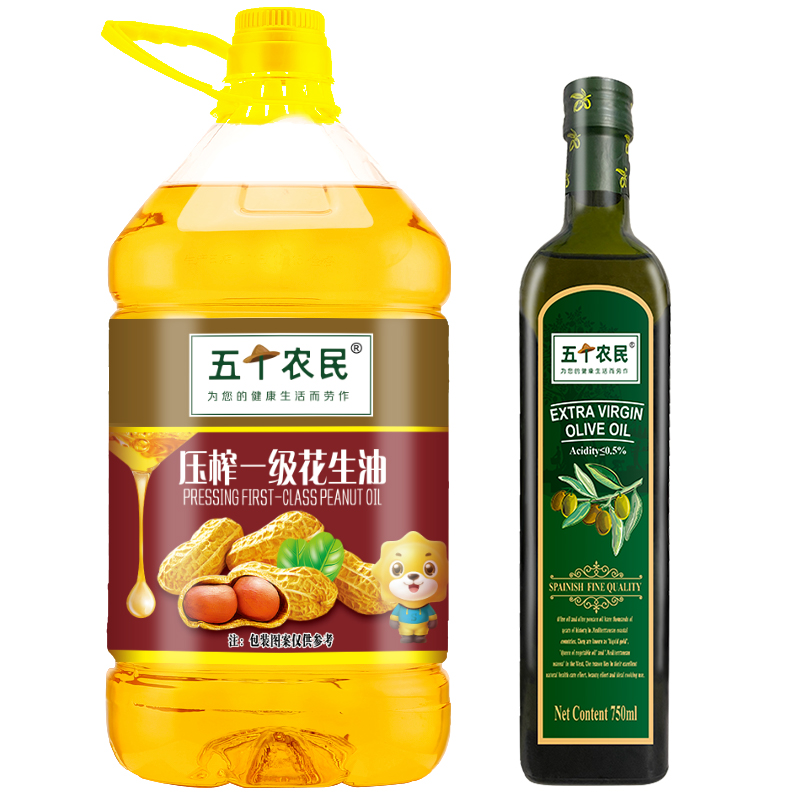 [送初榨橄榄油750ml] 五个农民[苏宁自有品牌]特香压榨花生油5L 食用油 压榨一级烹饪炒菜