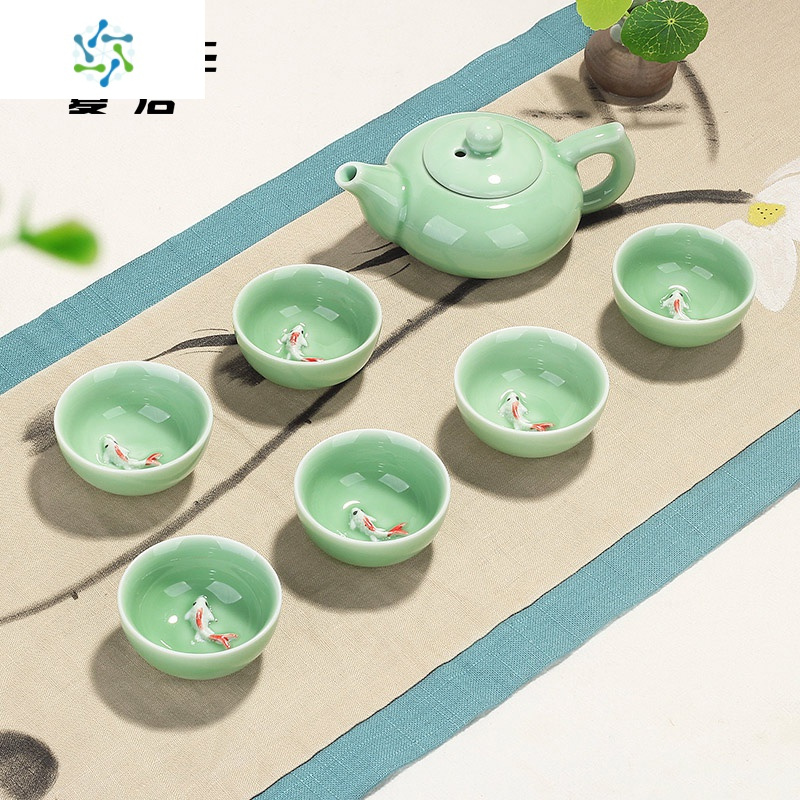 陶瓷描金青瓷茶具套装创意家用简约陶瓷茶壶茶杯功夫茶具整套 三维工匠 10头盖碗-翡翠蓝年年有鱼 10件
