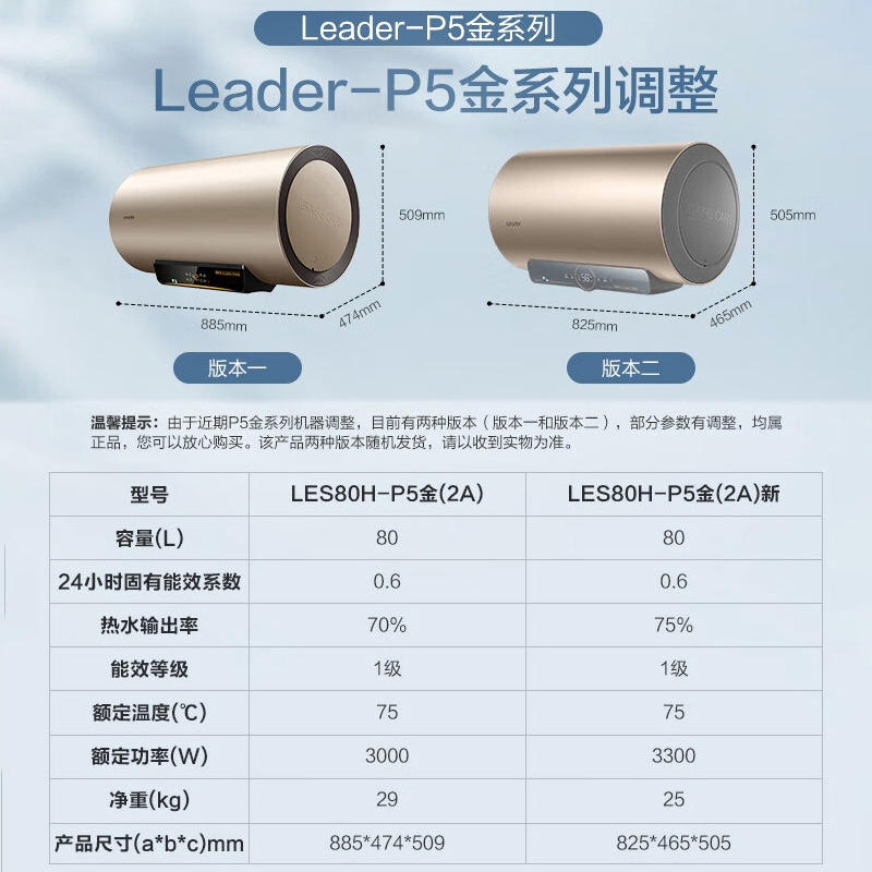 Leader海尔智家电热水器储水式80升家用热水器自营旗舰店大容量LES80H-P5金(2A)