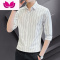 七斓条纹半袖衬衫潮牌男装夏季大码商务修身短袖衬衣五分袖薄款寸衣男