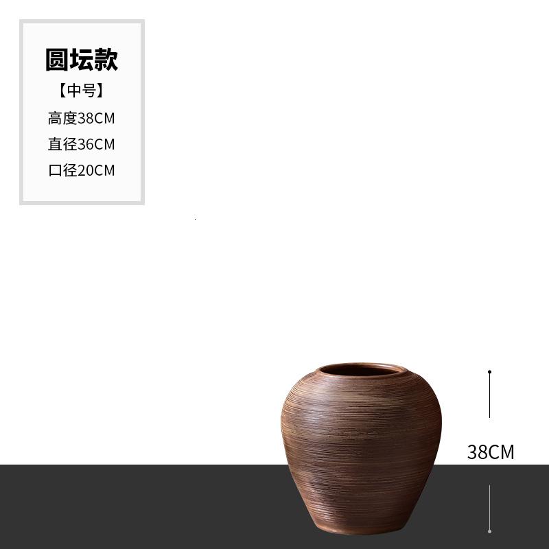 景德镇现代简约陶瓷花瓶客厅插花摆件陶罐鱼缸陶缸落地大号花盆 三维工匠 棕树纹圆坛(中号)38*36高清大图