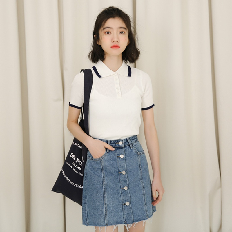 原宿polo衫女可爱学院风夏季韩版百搭紧身冰丝针织衫学生短袖T恤