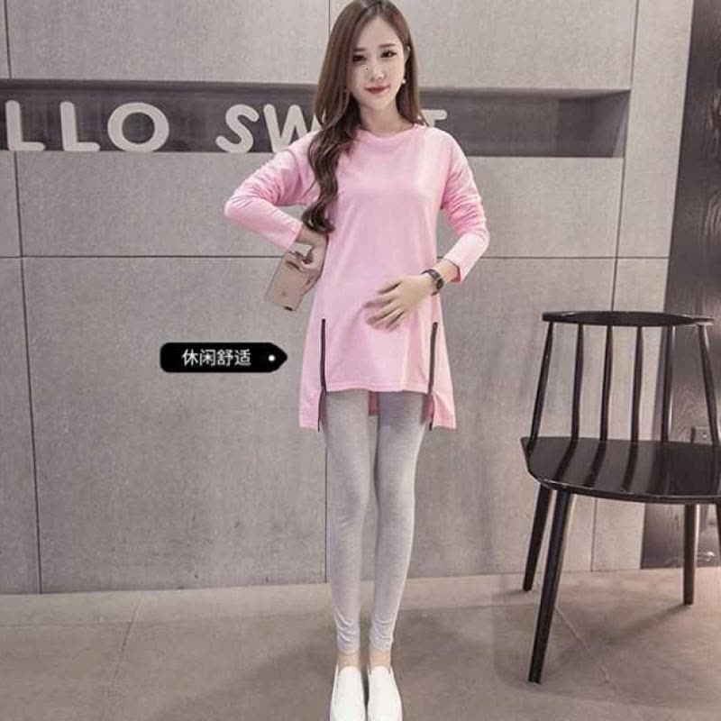 迪鲁奥（DILUAO)孕妇装春装套装春季中长款孕妇上衣宽松纯色孕妇套装薄款两件套潮c38- 双拉链粉色上衣+灰色长裤(套图片