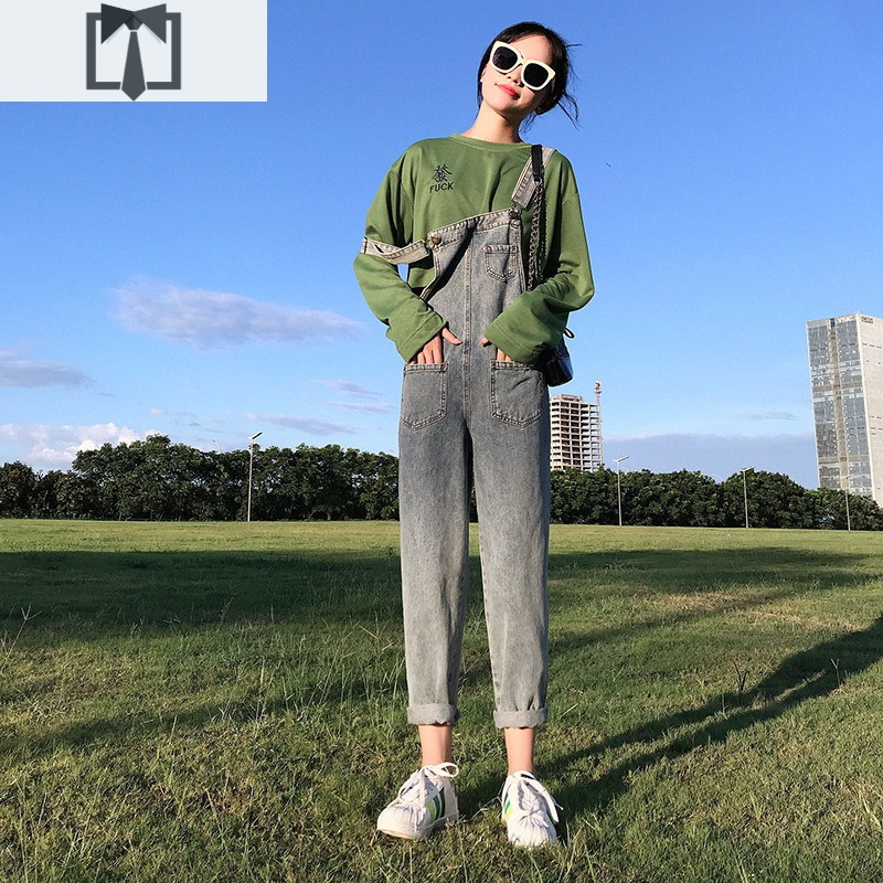SUNTEK牛仔背带裤女韩版宽松2020年秋季新款九分小个子阔腿直筒显瘦裤子休闲裤