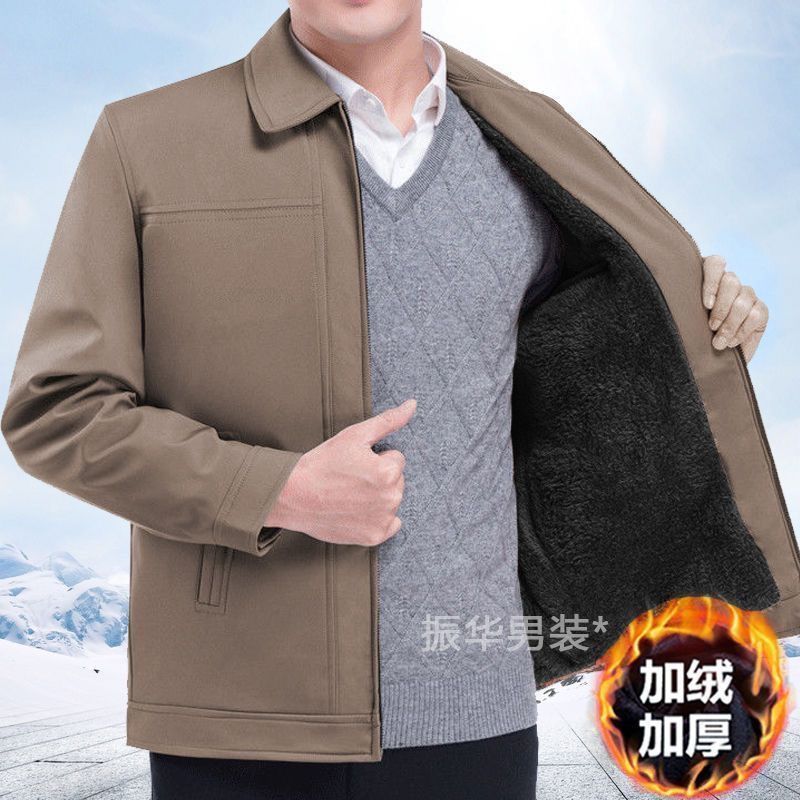 冬季加绒加厚男士外套中老年秋冬季休闲厚款爸爸翻领夹克高档外套高清大图