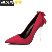 2022秋冬新款细跟绒面蝴蝶结女鞋浅口尖头高跟鞋女士单鞋裸色显瘦启如休闲鞋