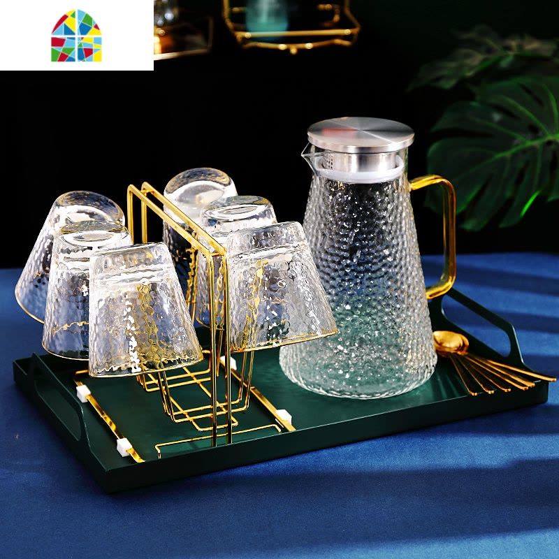 封后北欧风冷水壶家用玻璃凉白开水壶凉水杯套装创意耐热高温水壶客厅 FENG 1壶方柄+6锤纹矮杯+金6杯架+墨绿大凉水壶图片