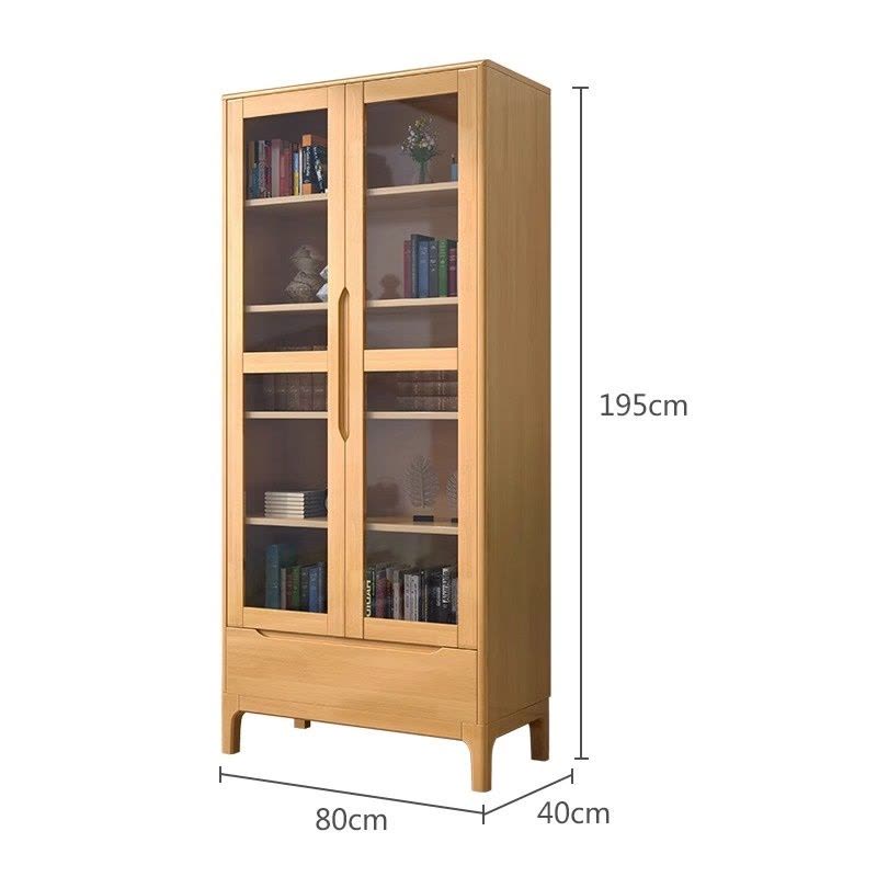 蒙卡森 MONCASSEN 北欧实木置物柜原木色书柜两门玻璃储物柜/个图片