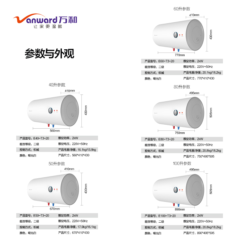 万和(Vanward) 50升电热水器E50-T3 储水式机械式电热水器速热 防电墙多重安防高温抑菌发泡保温家用二级能效