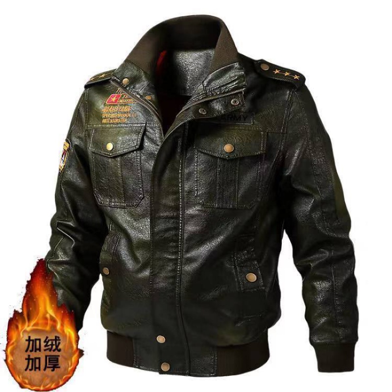 JPDUN皮衣男春秋新款pu皮夹克男机车外套_431 5XL 军绿色（加绒）