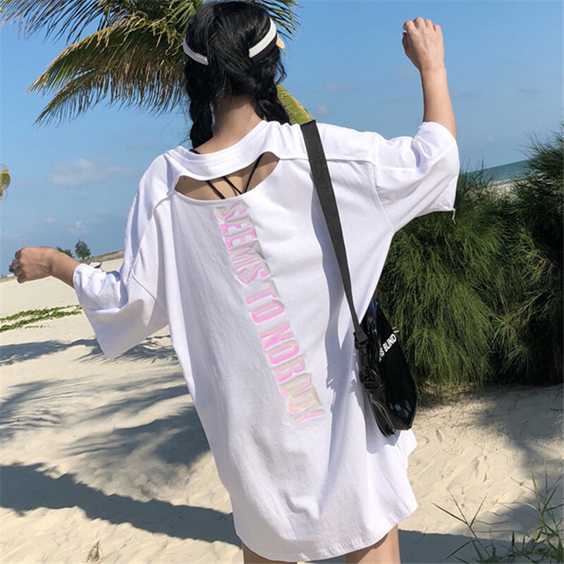 破洞露背中长款原宿风嘻哈短袖T恤上衣学生hiphop女衣服潮