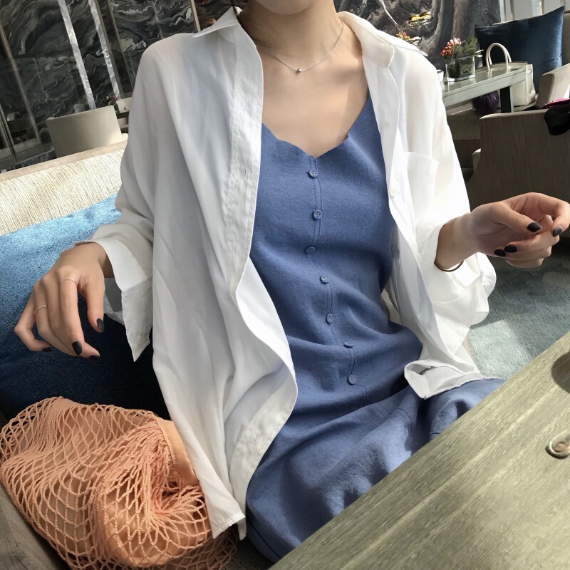 2018夏季复古宽松长袖方领衬衫单排纽扣纯色修身衬衣女 白色 均码
