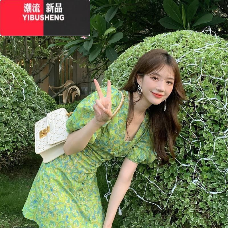 YIBUSHENG2024年新款小个子法式洋气甜美绿色泡泡袖碎花v领连衣裙子女季高清大图