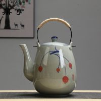 鼎亨耐高温陶瓷大茶壶手绘复古青花瓷2升提梁壶餐厅泡茶壶家用凉