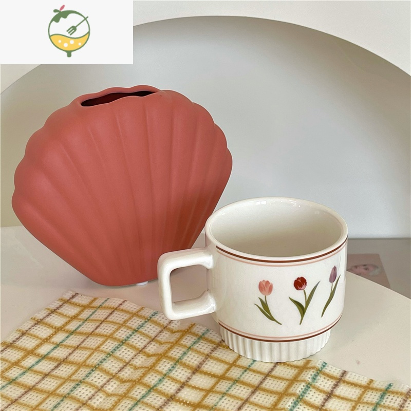 YICHENG手绘郁金香 ins复古法式浪漫花卉陶瓷杯马克杯牛奶咖啡杯早餐杯茶具