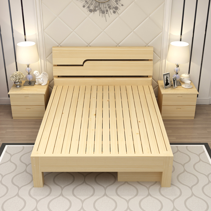 震天下实木床152米现代简约原木床不含床垫床头柜抽屉