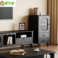 冀华美0729-实木茶几电视柜组合家用客厅储物边柜中古风收纳置物柜边柜复古黑490*400*950mm